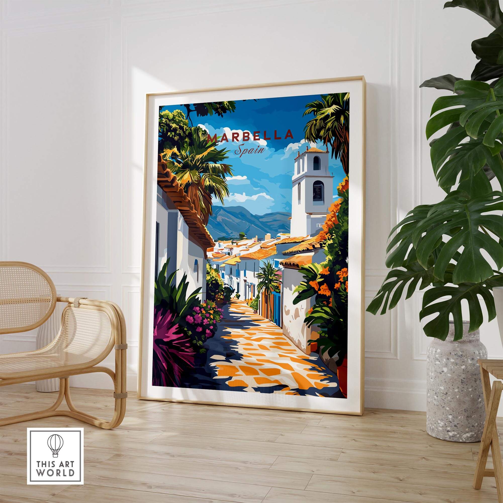 Marbella Wall Art featuring a vibrant travel poster of Marbella, Spain, creating a stylish atmosphere in a home decor setting.