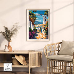 Stunning Marbella Wall Art in a stylish living room setting with vibrant colors and serene atmosphere.