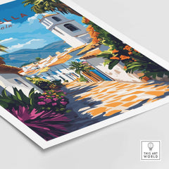 Marbella Wall Art featuring a vibrant travel poster of Marbella's charming streets and colorful foliage.