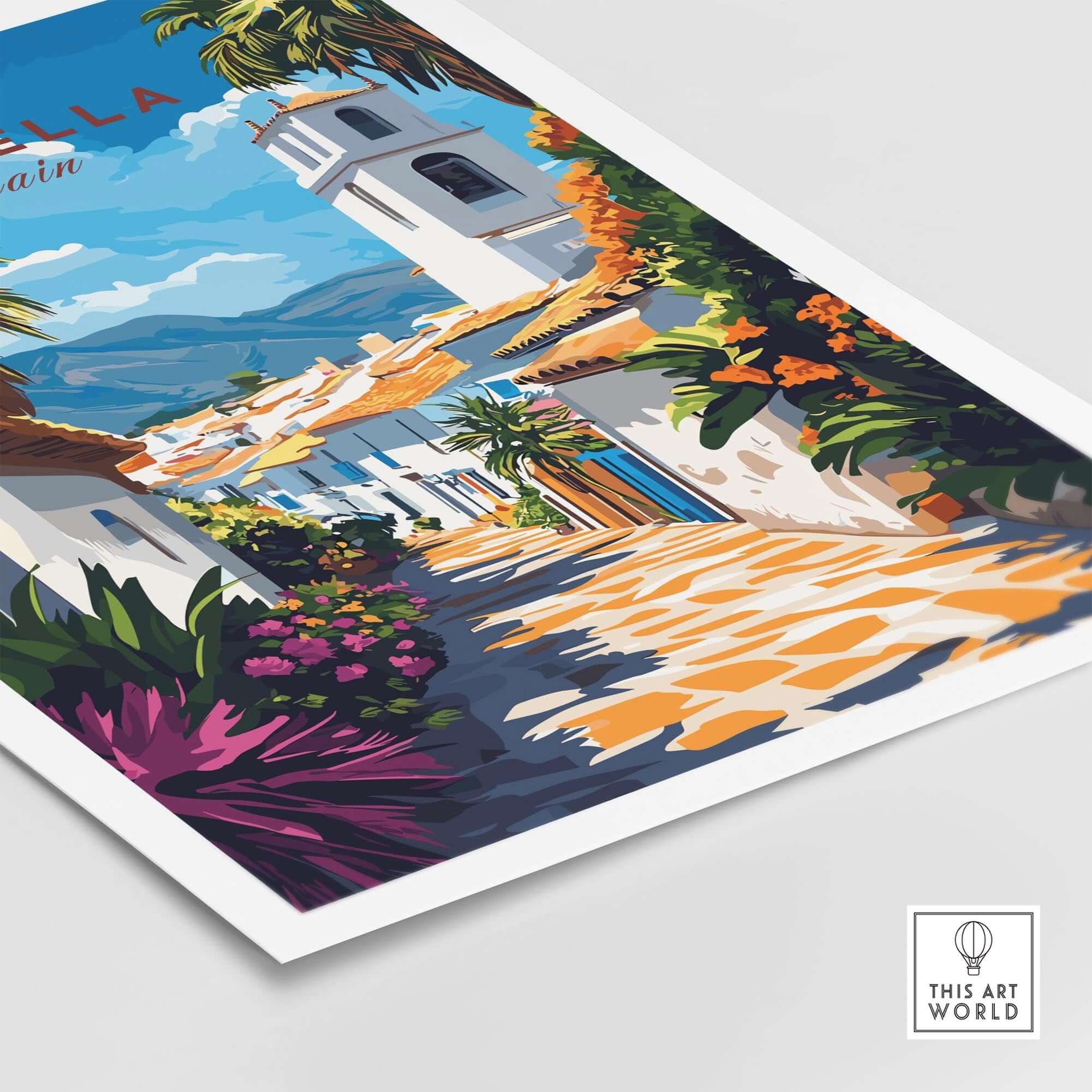 Marbella Wall Art featuring a vibrant travel poster of Marbella's charming streets and colorful foliage.