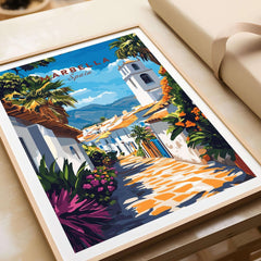 Marbella Wall Art featuring a colorful travel poster of Marbella, Spain with vibrant flowers and architecture.