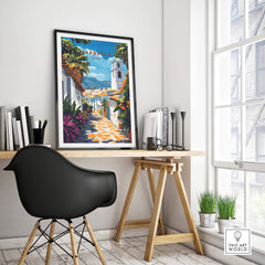 Marbella Wall Art displayed in a stylish home office, featuring a colorful travel poster of Marbella, Spain.