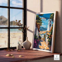 Marbella Wall Art displayed in a sunlit room, featuring a vibrant travel poster of Marbella, Spain.