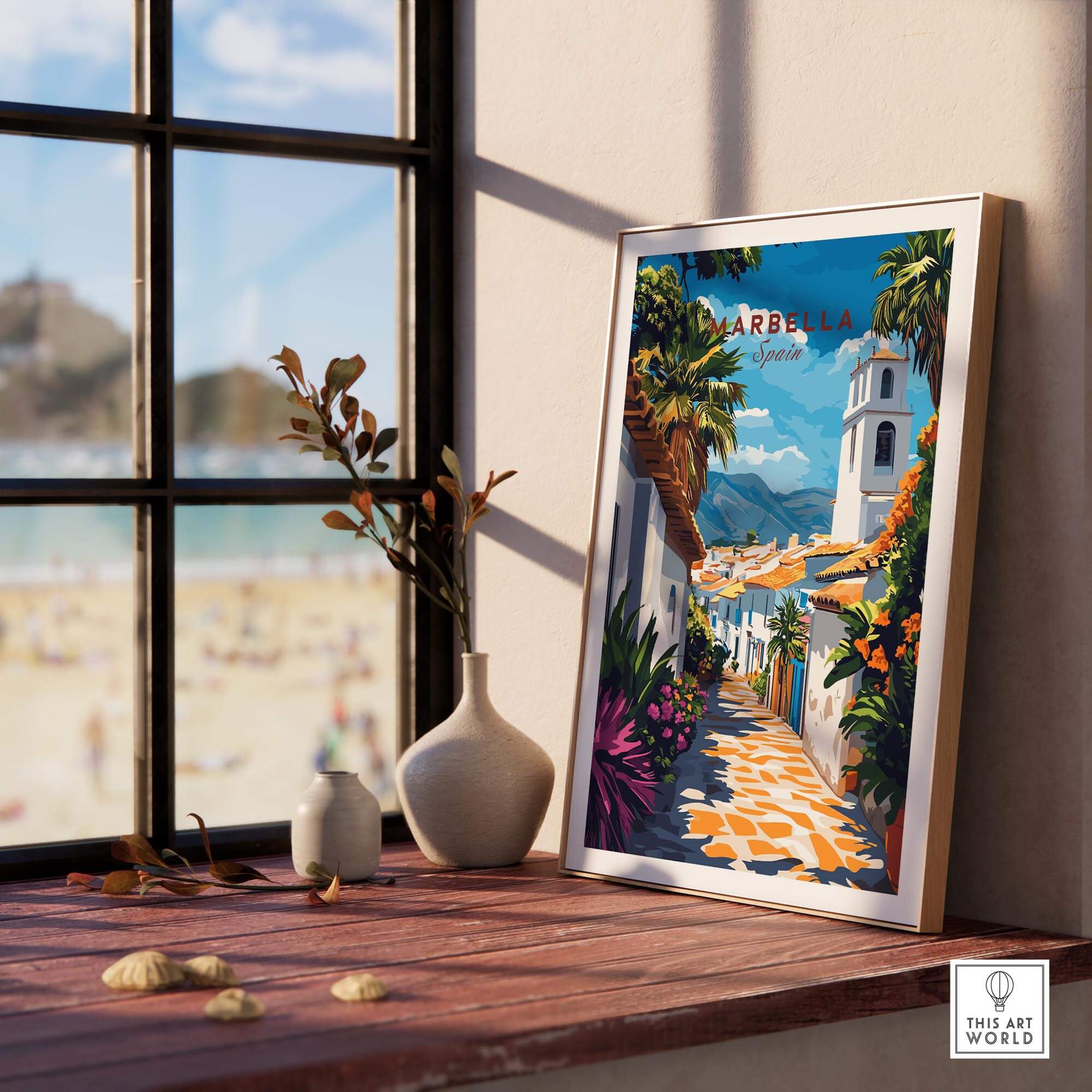 Marbella Wall Art displayed in a sunlit room, featuring a vibrant travel poster of Marbella, Spain.