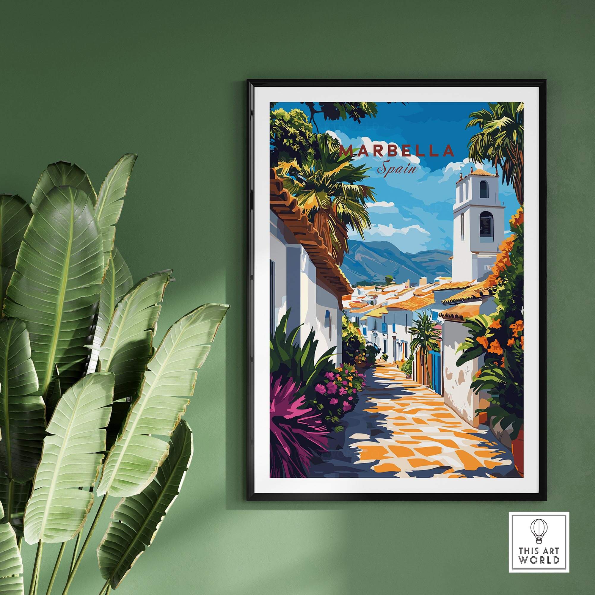 Marbella Wall Art showcasing a vibrant travel poster of Marbella, Spain, perfect for home decor.