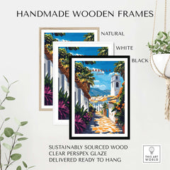 Marbella Wall Art displayed in handmade wooden frames of natural, white, and black colors with clear perspex glaze.