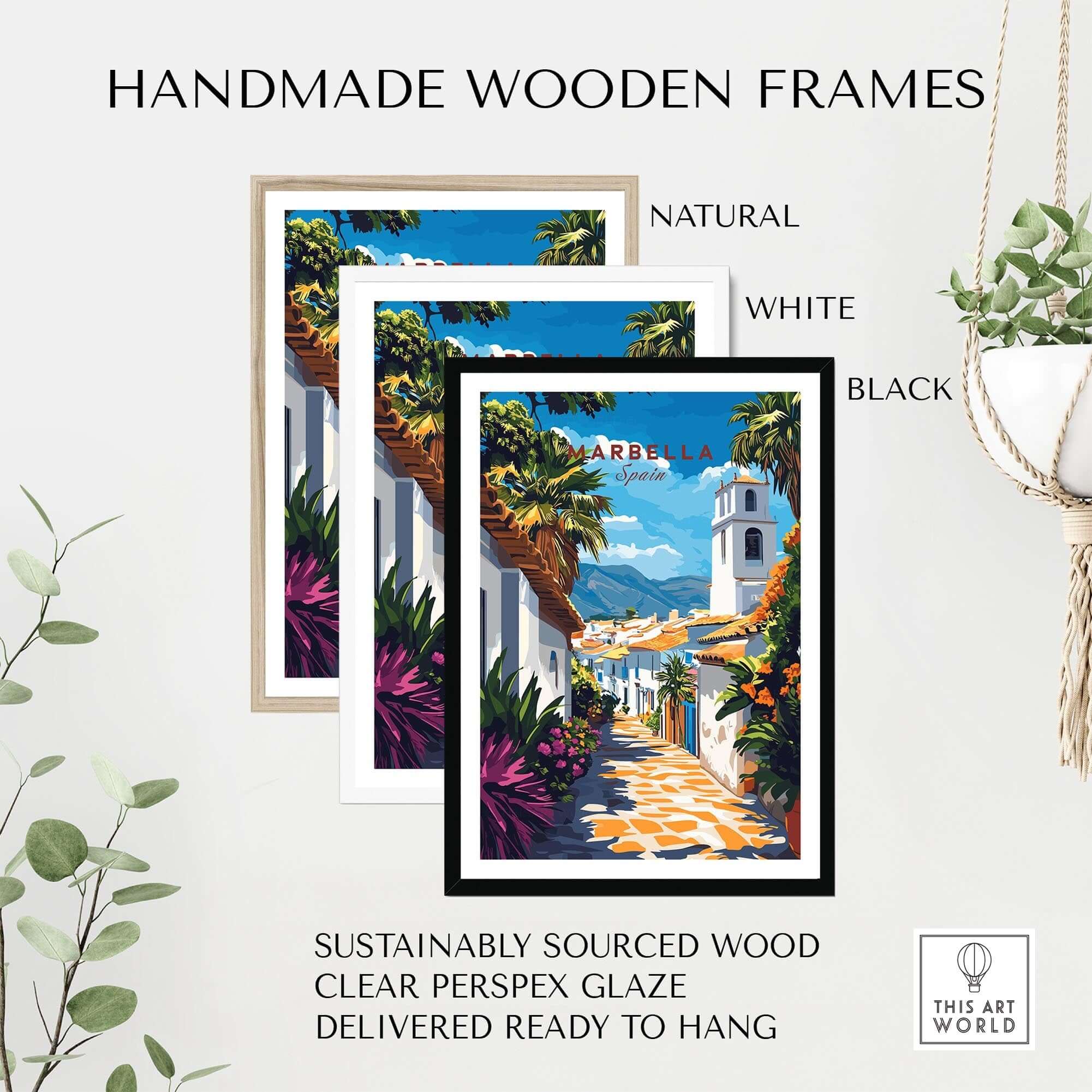 Marbella Wall Art displayed in handmade wooden frames of natural, white, and black colors with clear perspex glaze.