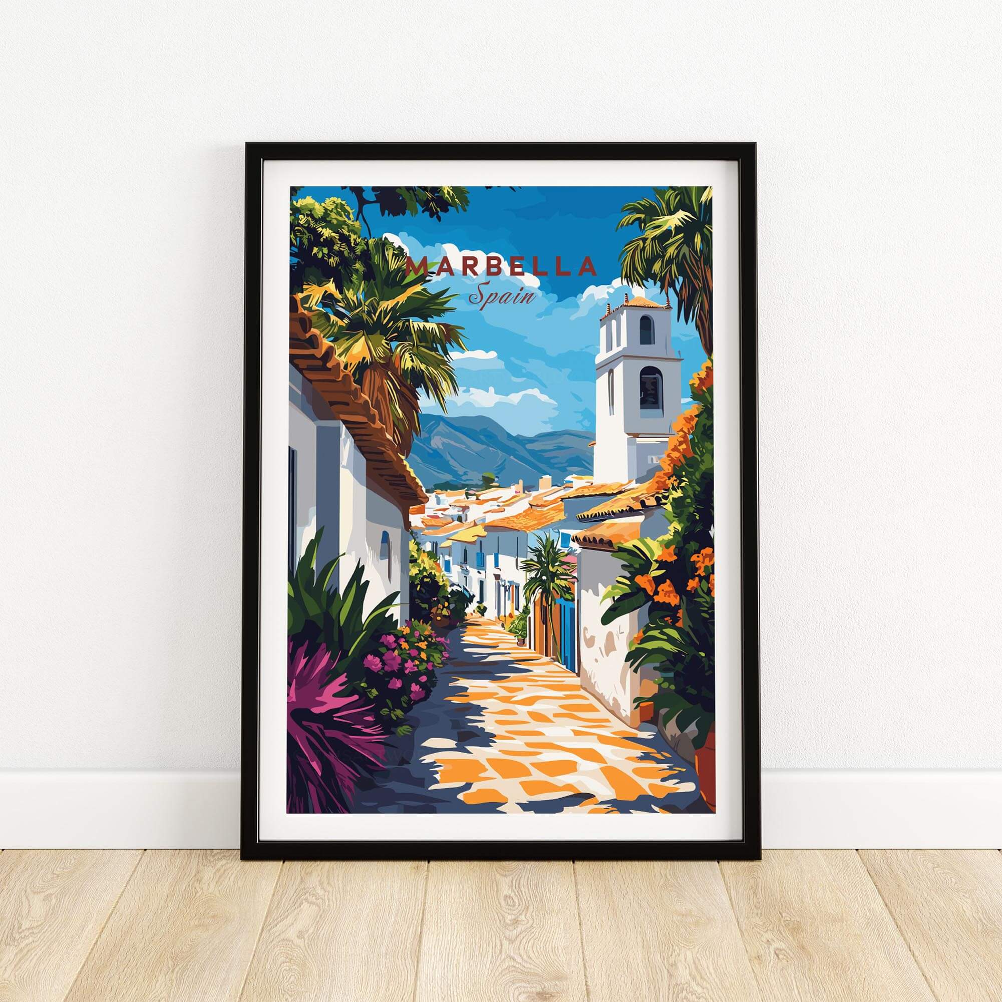 Marbella Wall Art featuring a scenic travel poster of Marbella, Spain, framed for stylish home decor.
