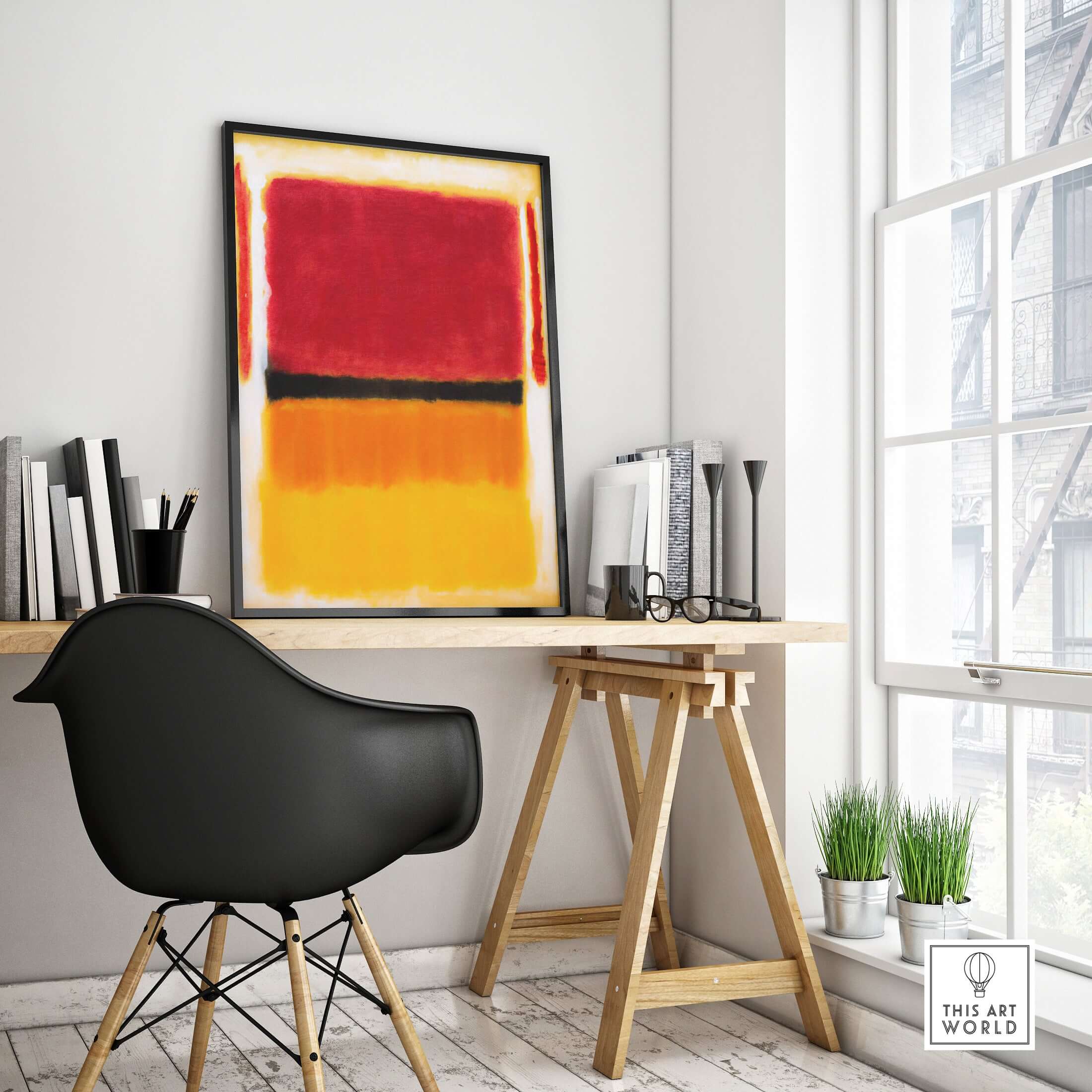 Mark Rothko Violet Black Orange Yellow 1949 Abstract Canvas Color Field Poster Guggenheim displayed in a modern workspace.