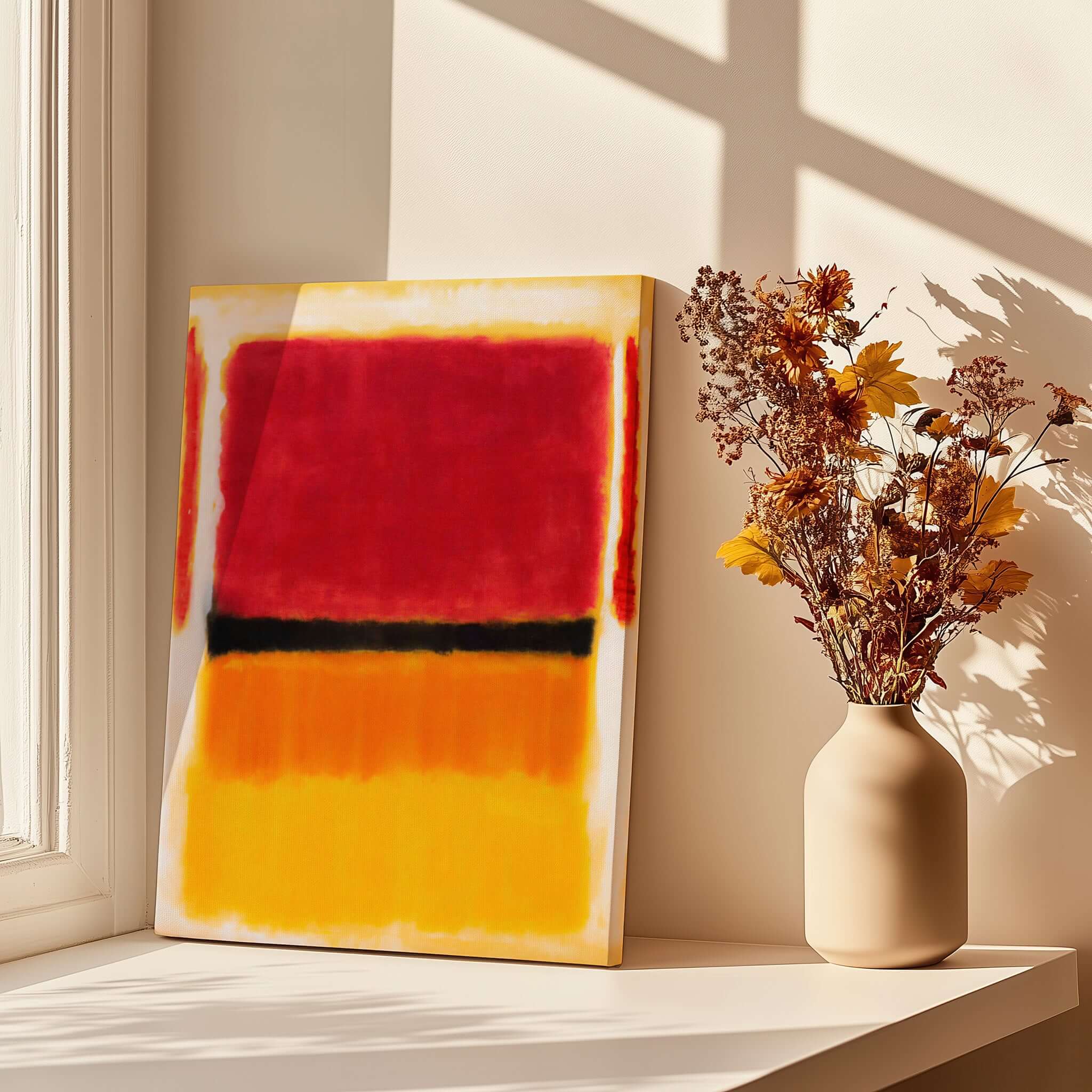Mark Rothko Violet Black Orange Yellow 1949 Abstract Canvas Color Field Poster Guggenheim displayed with flowers.