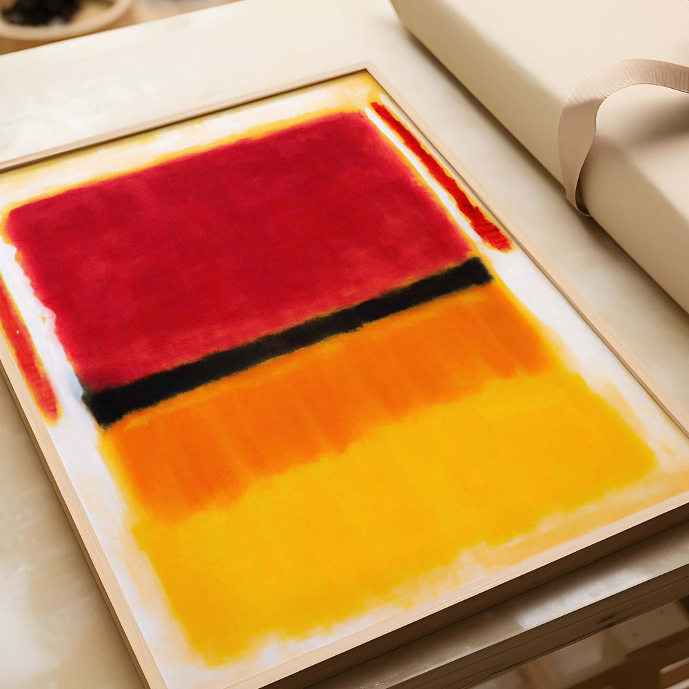 Mark Rothko Violet Black Orange Yellow 1949 Abstract Canvas Color Field Poster Guggenheim displayed on a table.