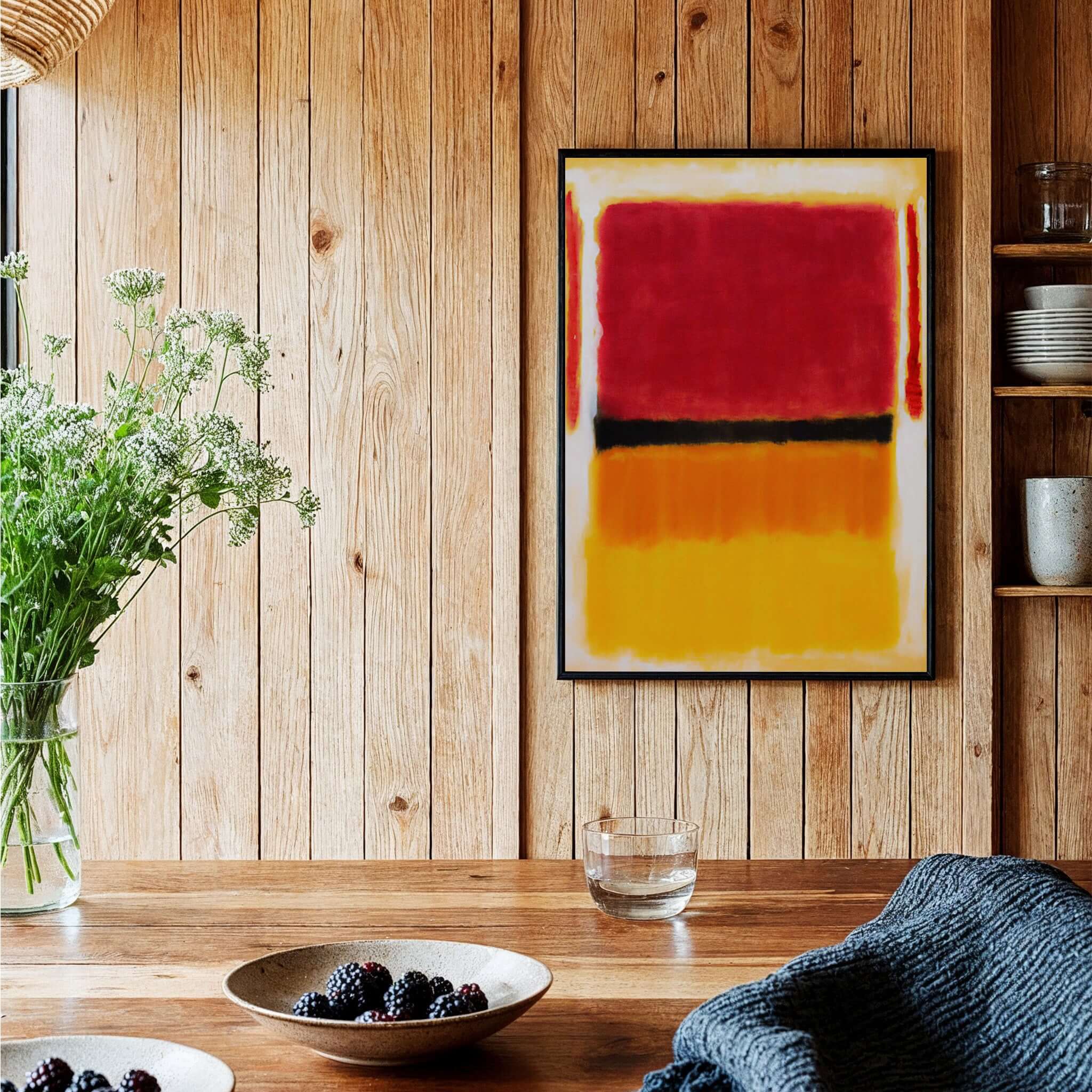 Mark Rothko Violet Black Orange Yellow 1949 Abstract Canvas Color Field Poster Guggenheim displayed in a cozy interior.