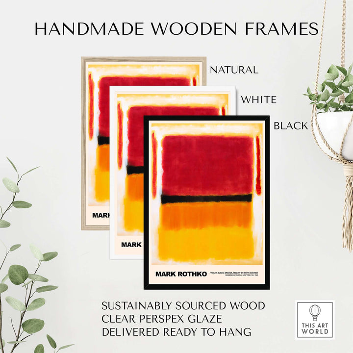 Handmade wooden frames in natural, white, and black, featuring Mark Rothko art prints, ready to hang.
