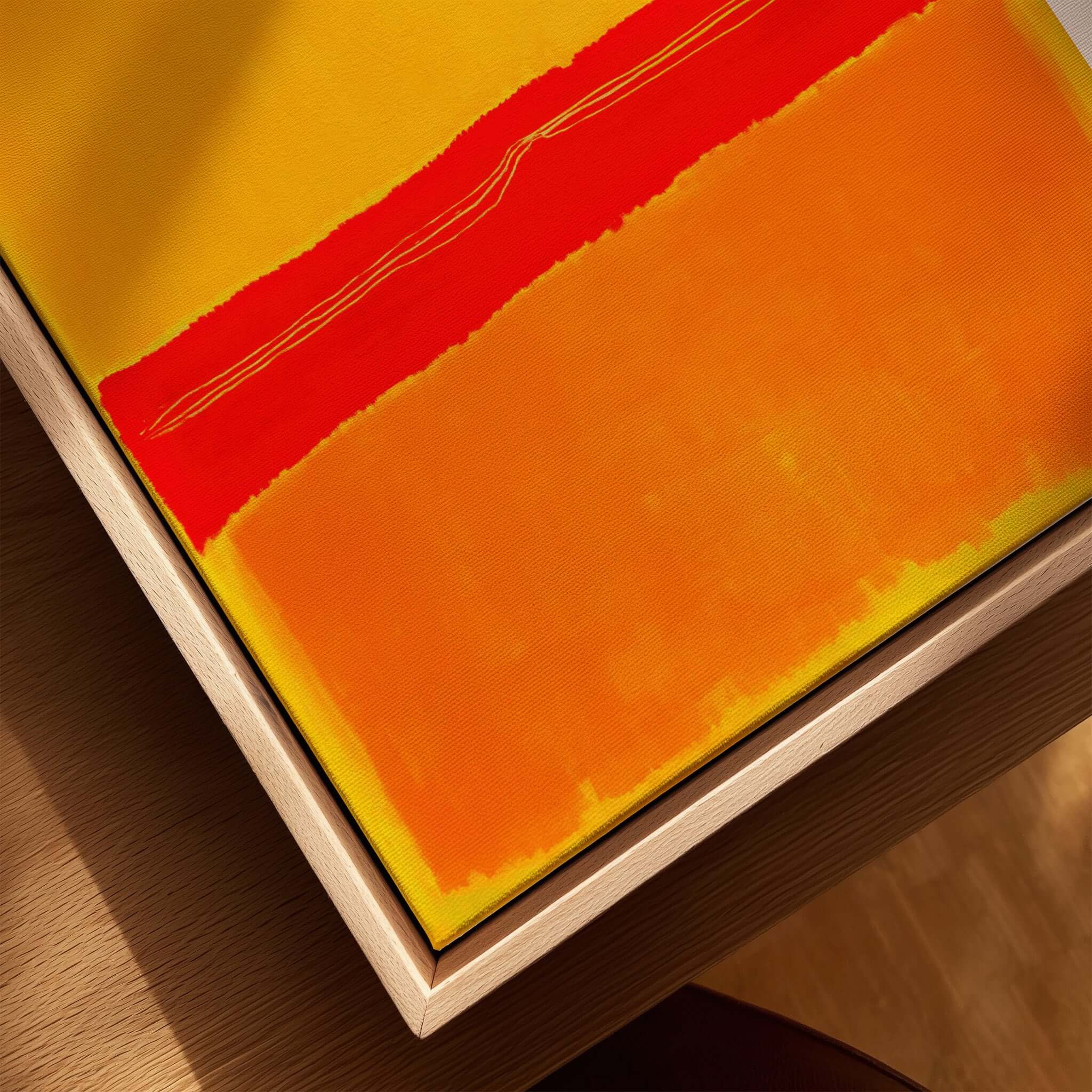 Mark Rothko No 5 No 22 Abstract Canvas Art Print Yellow Orange Red close-up of bold colors on a wooden frame.