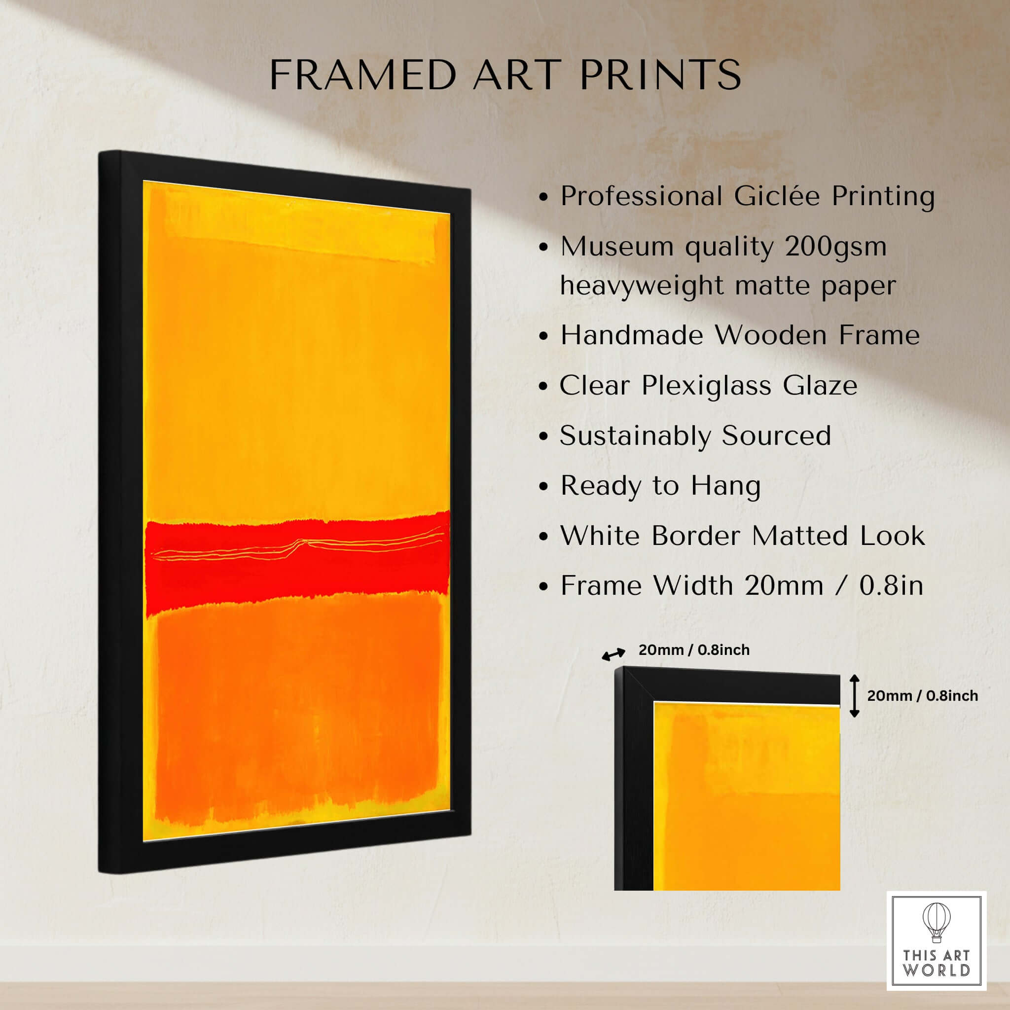 Mark Rothko No 5 No 22 Abstract Canvas Art Print Yellow Orange Red featuring a framed giclée print with vibrant colors.