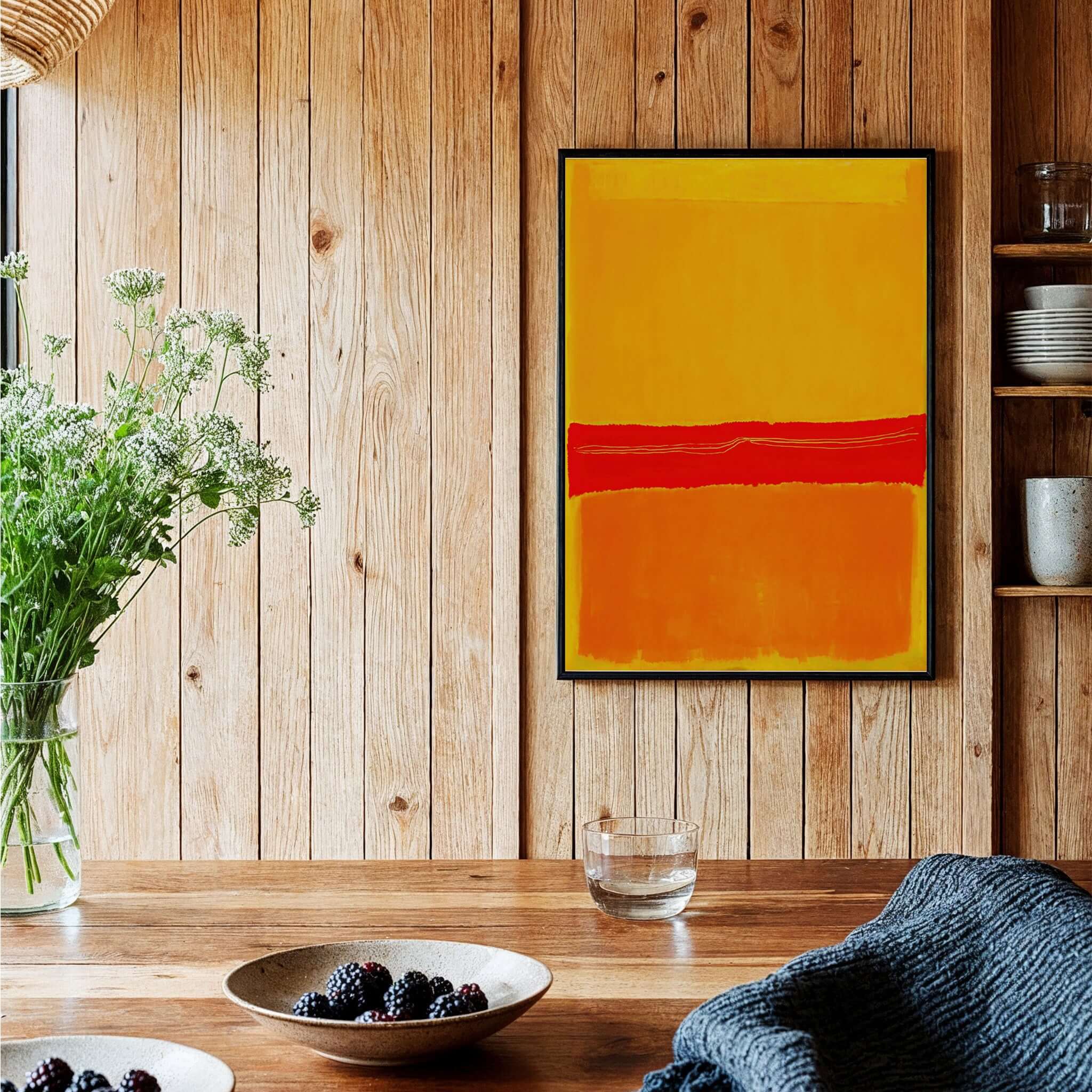 Mark Rothko No 5 No 22 Abstract Canvas Art Print Yellow Orange Red in a wooden interior with vibrant colors.