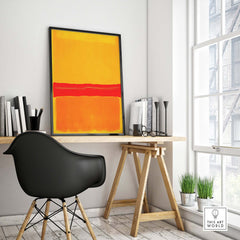Mark Rothko No 5 No 22 Abstract Canvas Art Print Yellow Orange Red displayed in a modern interior with a black chair.