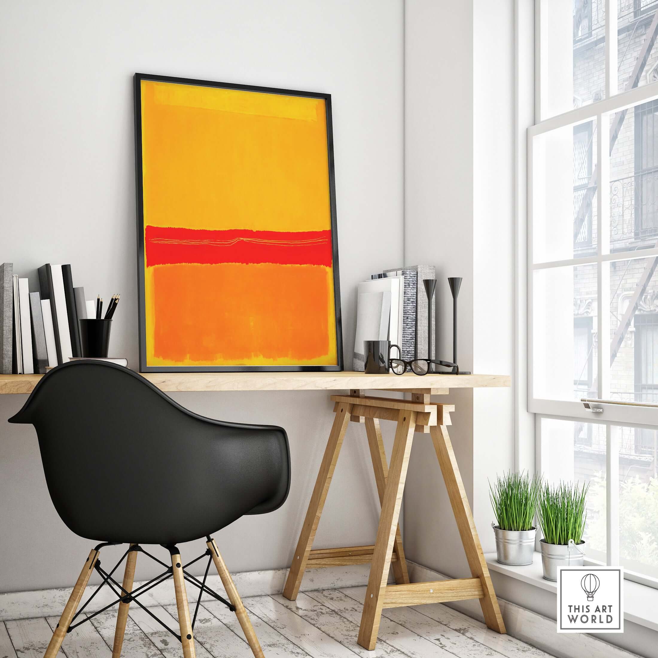Mark Rothko No 5 No 22 Abstract Canvas Art Print Yellow Orange Red displayed in a modern interior with a black chair.