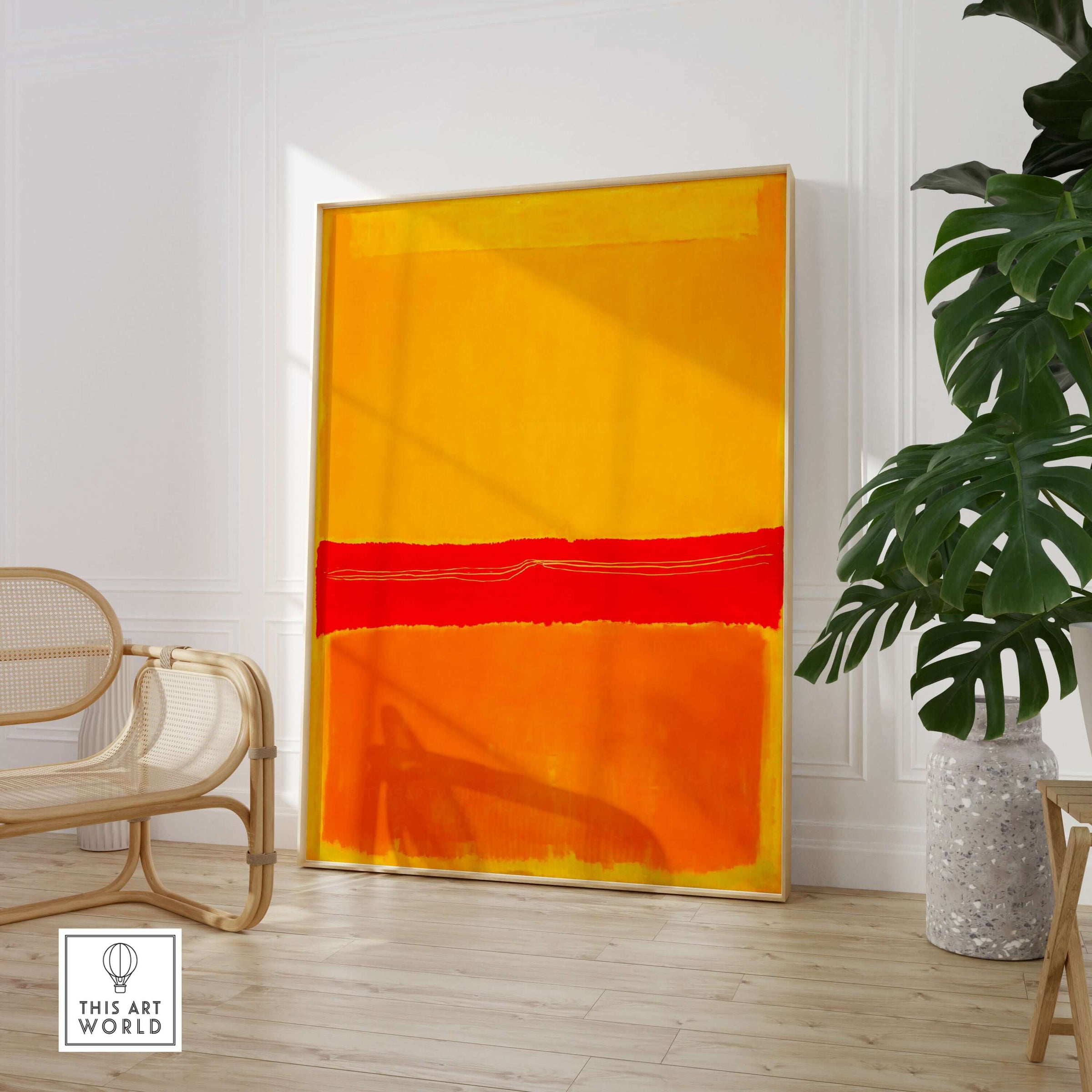 Mark Rothko No 5 No 22 Abstract Canvas Art Print Yellow Orange Red in bright room setting with modern decor.