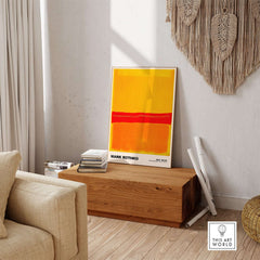 Mark Rothko No 5 No 22 Abstract Expressionist Print Red Orange Yellow Poster Wall Art displayed in modern interior setting.