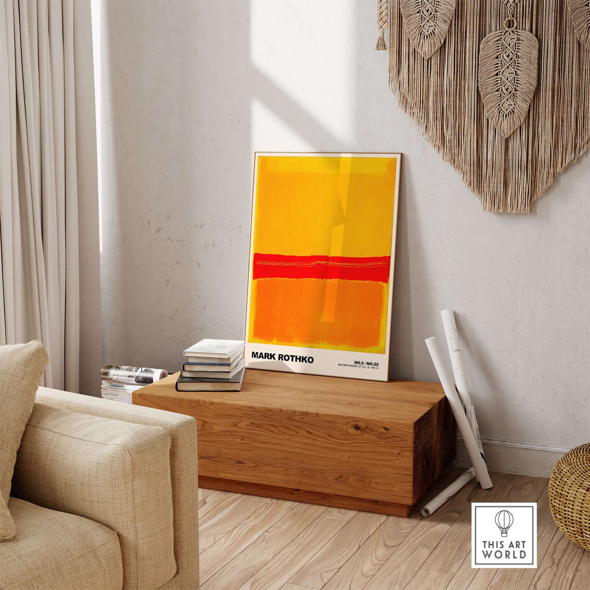 Mark Rothko No 5 No 22 Abstract Expressionist Print Red Orange Yellow Poster Wall Art displayed in modern interior setting.