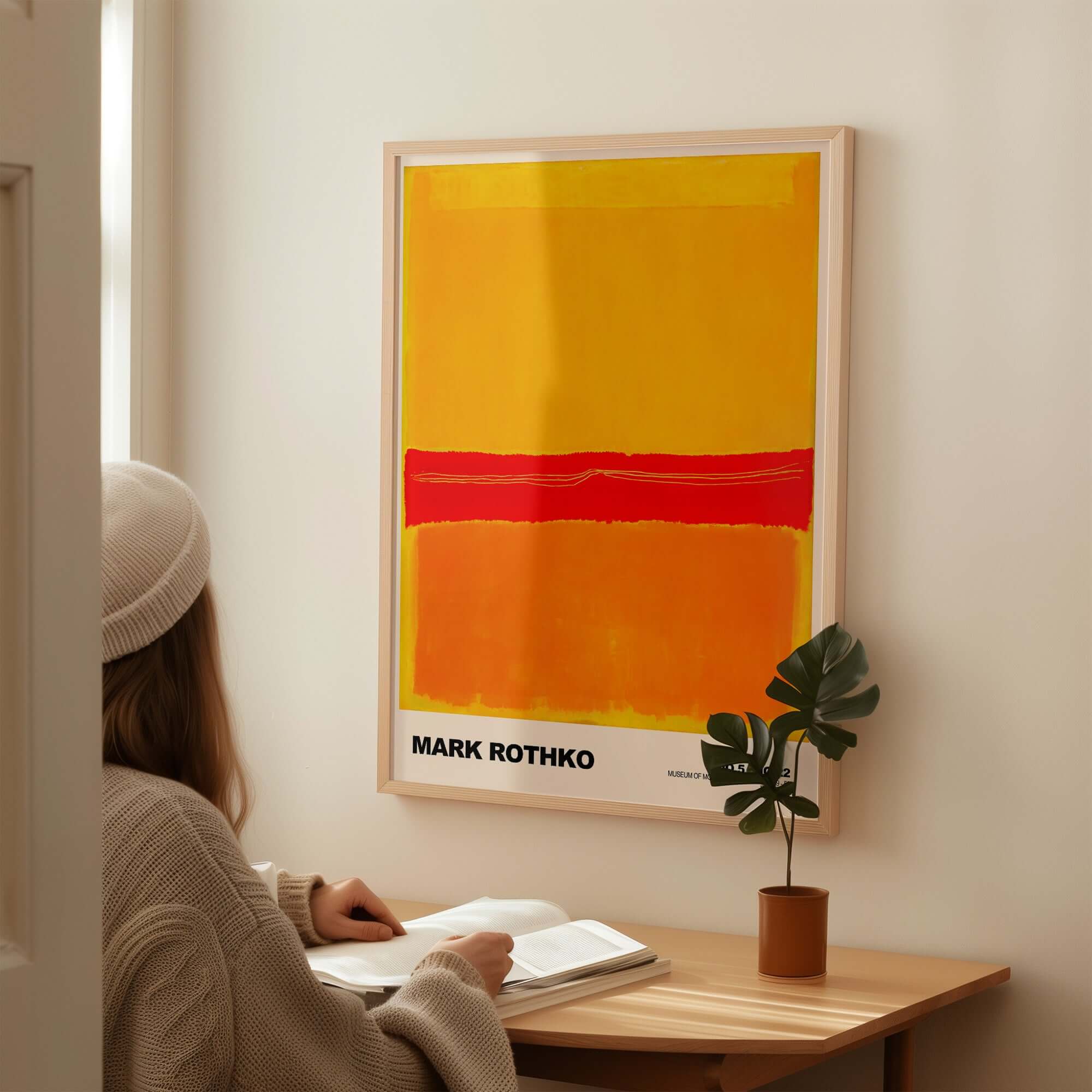 Mark Rothko No 5 No 22 Abstract Expressionist Print Red Orange Yellow Poster Wall Art in cozy room setting