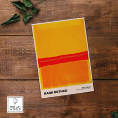 Mark Rothko No 5 No 22 Abstract Expressionist Print Red Orange Yellow Poster Wall Art displayed on wooden surface.
