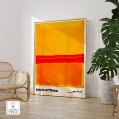 Mark Rothko No 5 No 22 Abstract Expressionist Print Red Orange Yellow Poster Wall Art displayed in a modern living room.