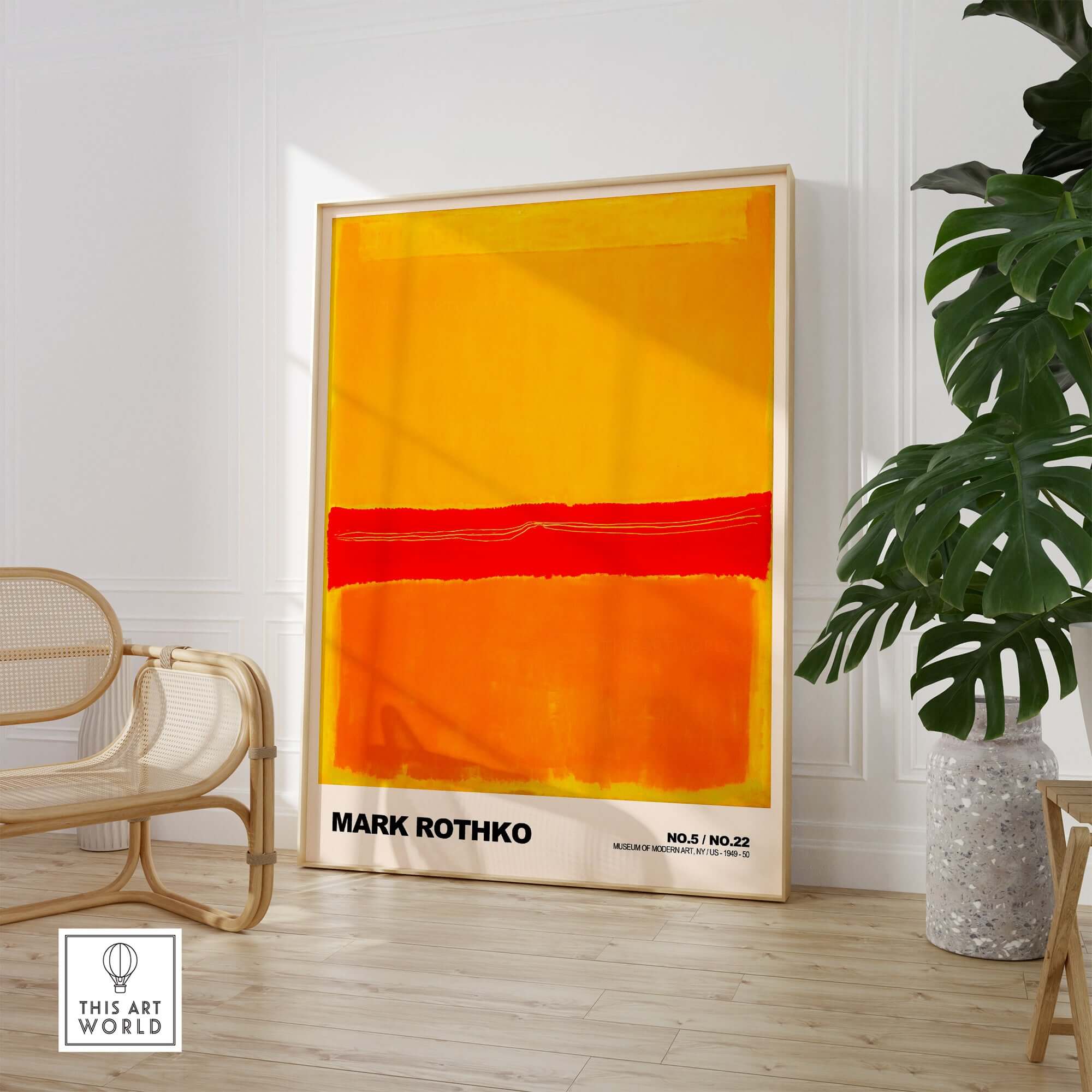 Mark Rothko No 5 No 22 Abstract Expressionist Print Red Orange Yellow Poster Wall Art displayed in a modern living room.