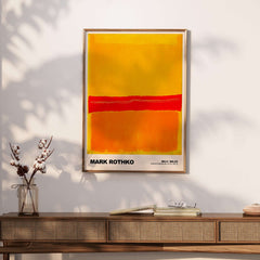 Mark Rothko No 5 No 22 Abstract Expressionist Print Red Orange Yellow Poster Wall Art displayed on a wall.