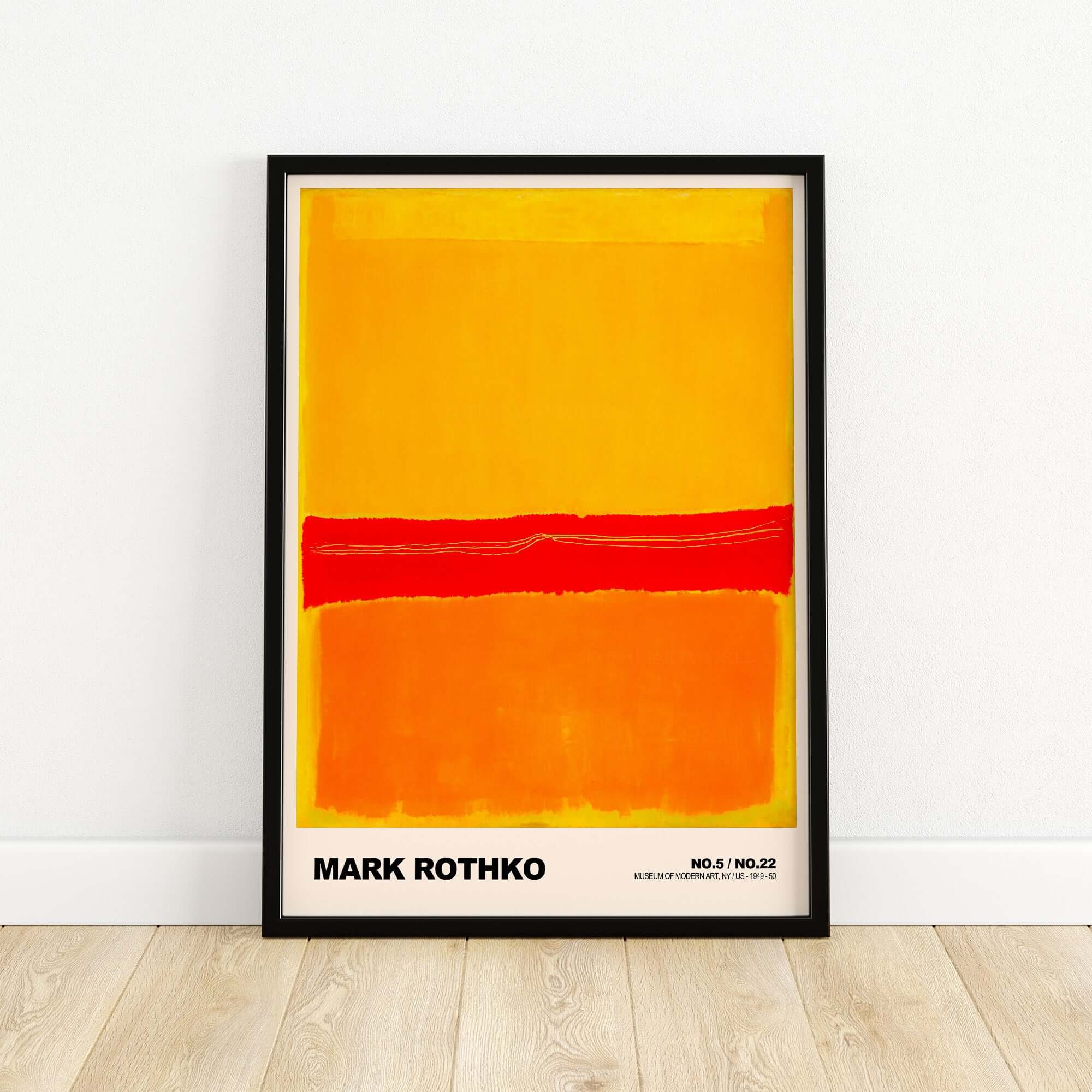 Mark Rothko No 5 No 22 Abstract Expressionist Print Red Orange Yellow Poster Wall Art displayed in a modern frame.