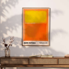 Mark Rothko Orange and Yellow 1956 Abstract Expressionism Art Print Color Field Poster displayed on a wall with decorative items.