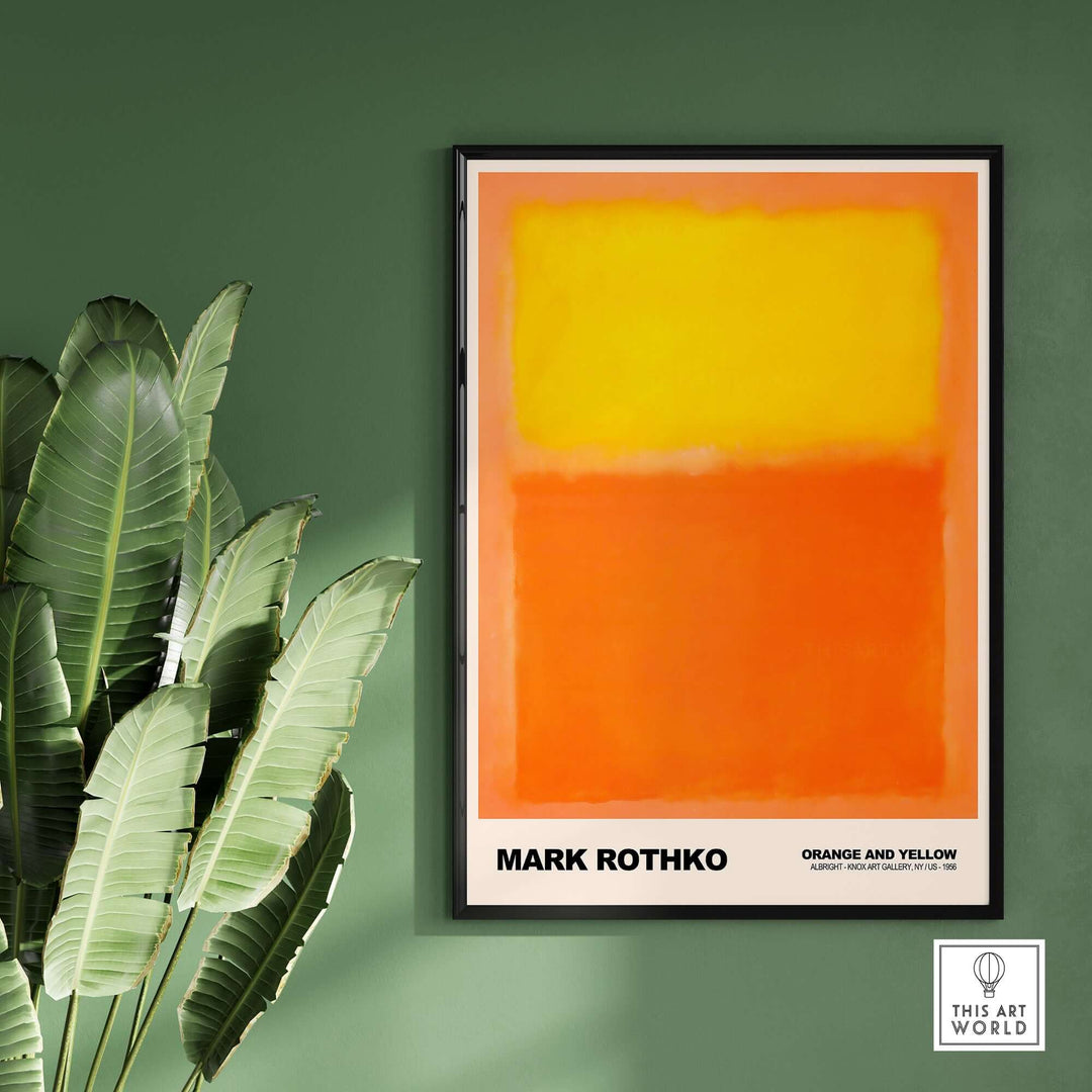 Mark Rothko Orange and Yellow 1956 art print poster on a green wall, featuring vibrant hues of orange and yellow.