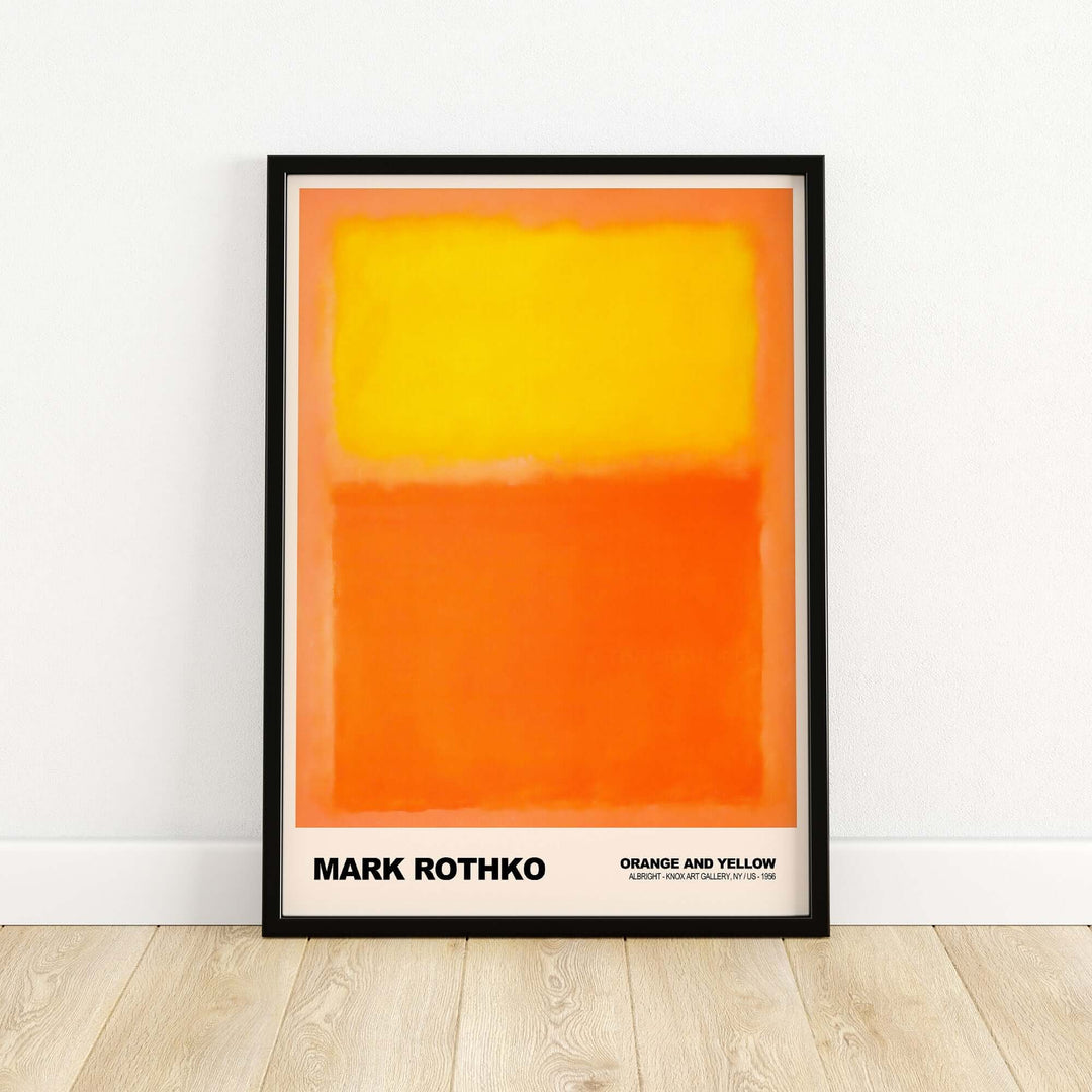 Mark Rothko Orange and Yellow 1956 abstract expressionism art print, vibrant color field poster in a black frame.