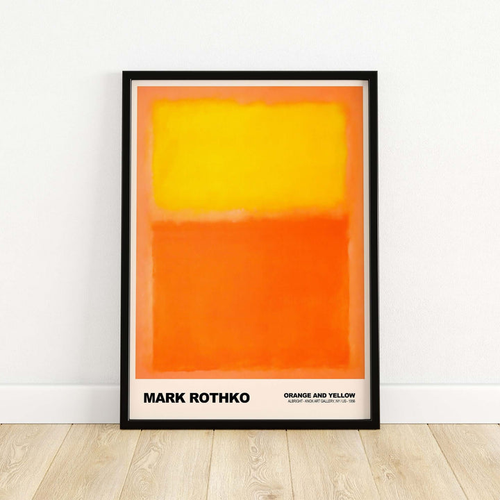 Mark Rothko Orange and Yellow 1956 abstract expressionism art print, vibrant color field poster in a black frame.
