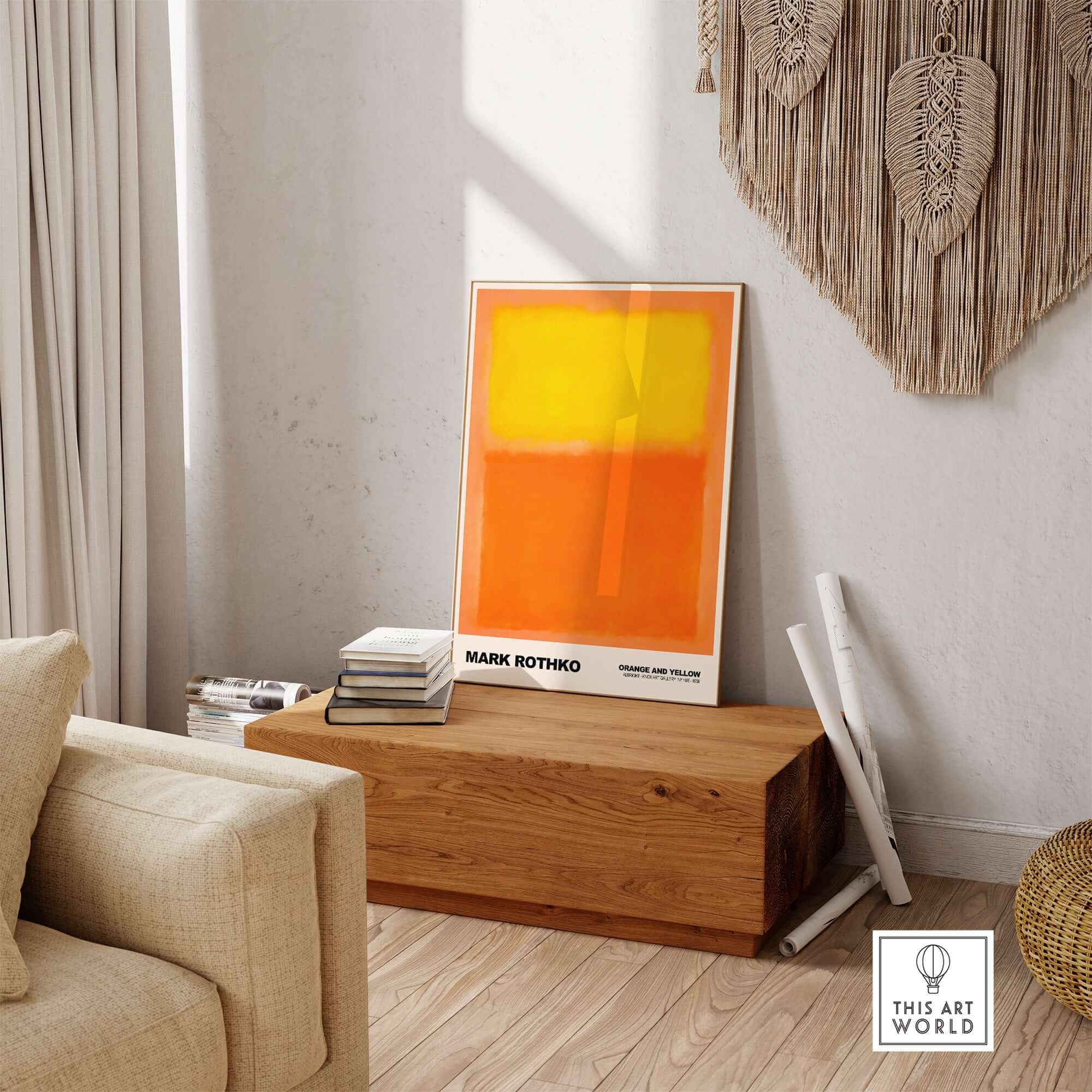 Mark Rothko Orange and Yellow 1956 Abstract Expressionism Art Print Color Field Poster displayed in a cozy living room.