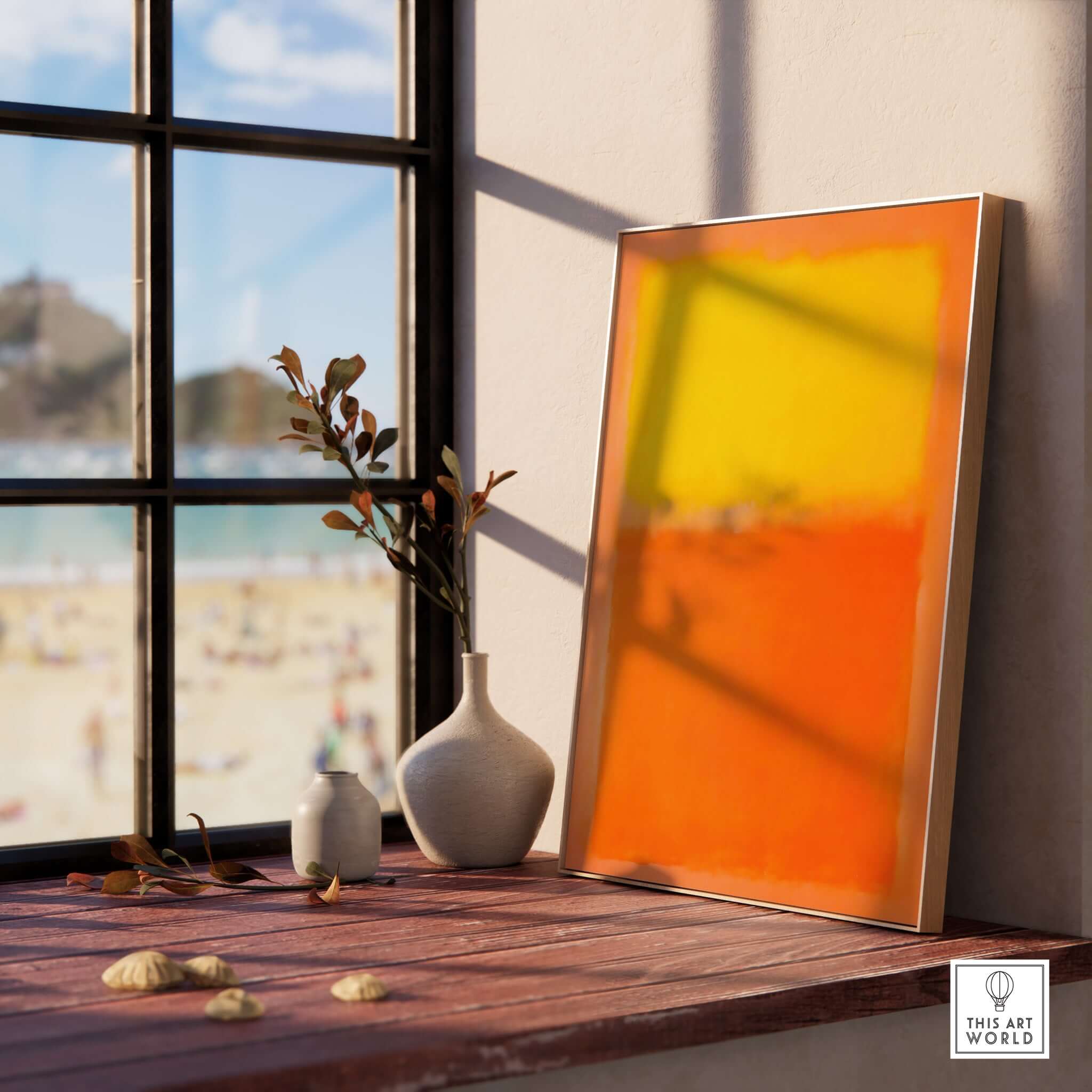 Mark Rothko Orange and Yellow 1956 Canvas Art Print displayed near a sunny window with beach view.
