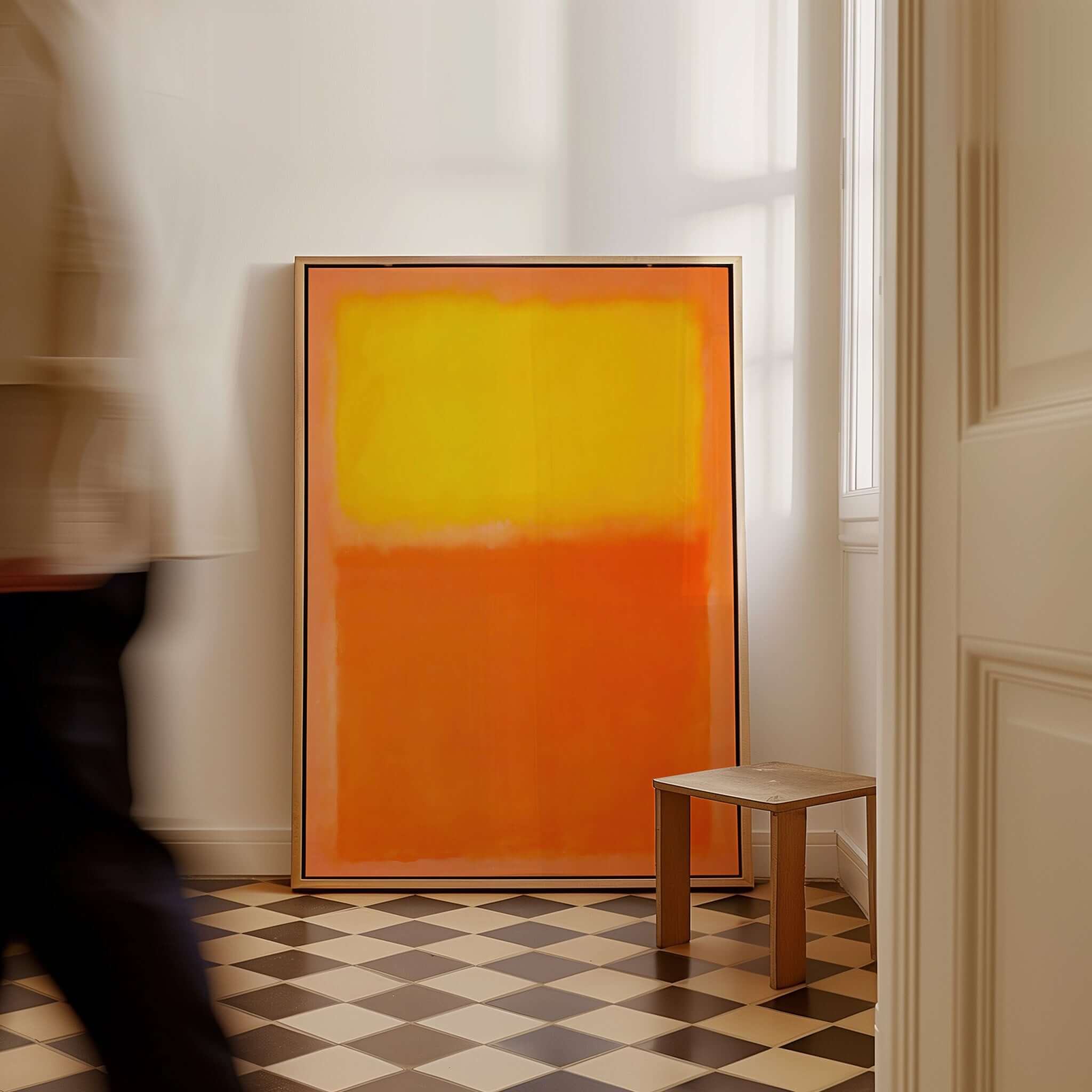 Mark Rothko Orange and Yellow 1956 Canvas Art Print displayed in a stylish room with a checkered floor.
