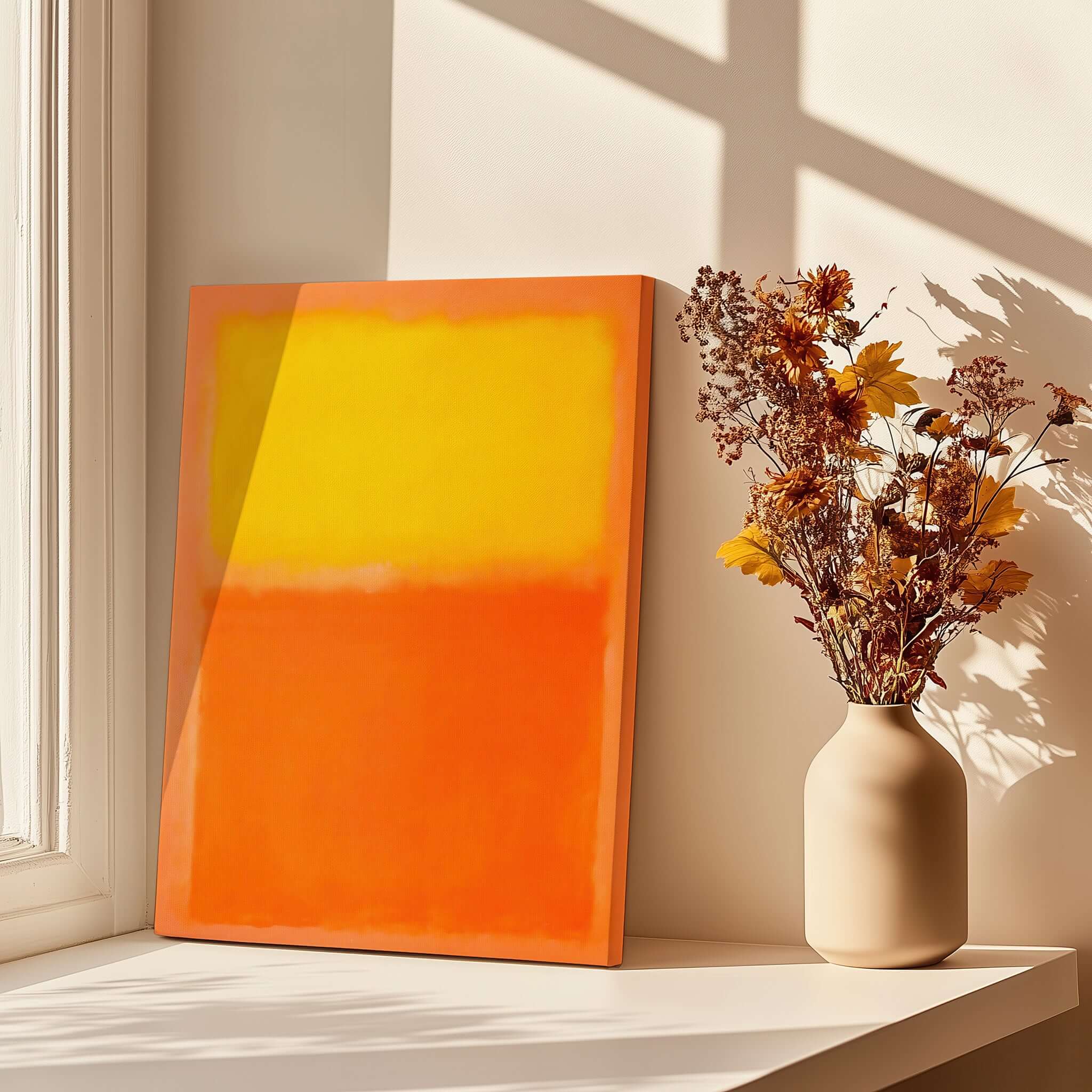 Mark Rothko Orange and Yellow 1956 Canvas Art Print on display with natural lighting and flowers.