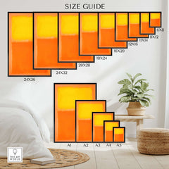 Size guide for Mark Rothko Orange and Yellow 1956 Canvas Art Print, showcasing various frame sizes.