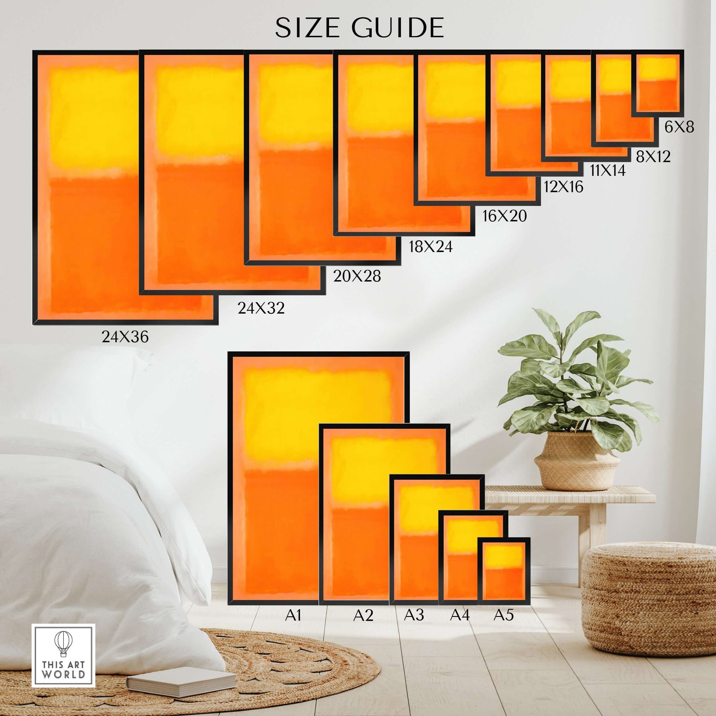 Size guide for Mark Rothko Orange and Yellow 1956 Canvas Art Print, showcasing various frame sizes.
