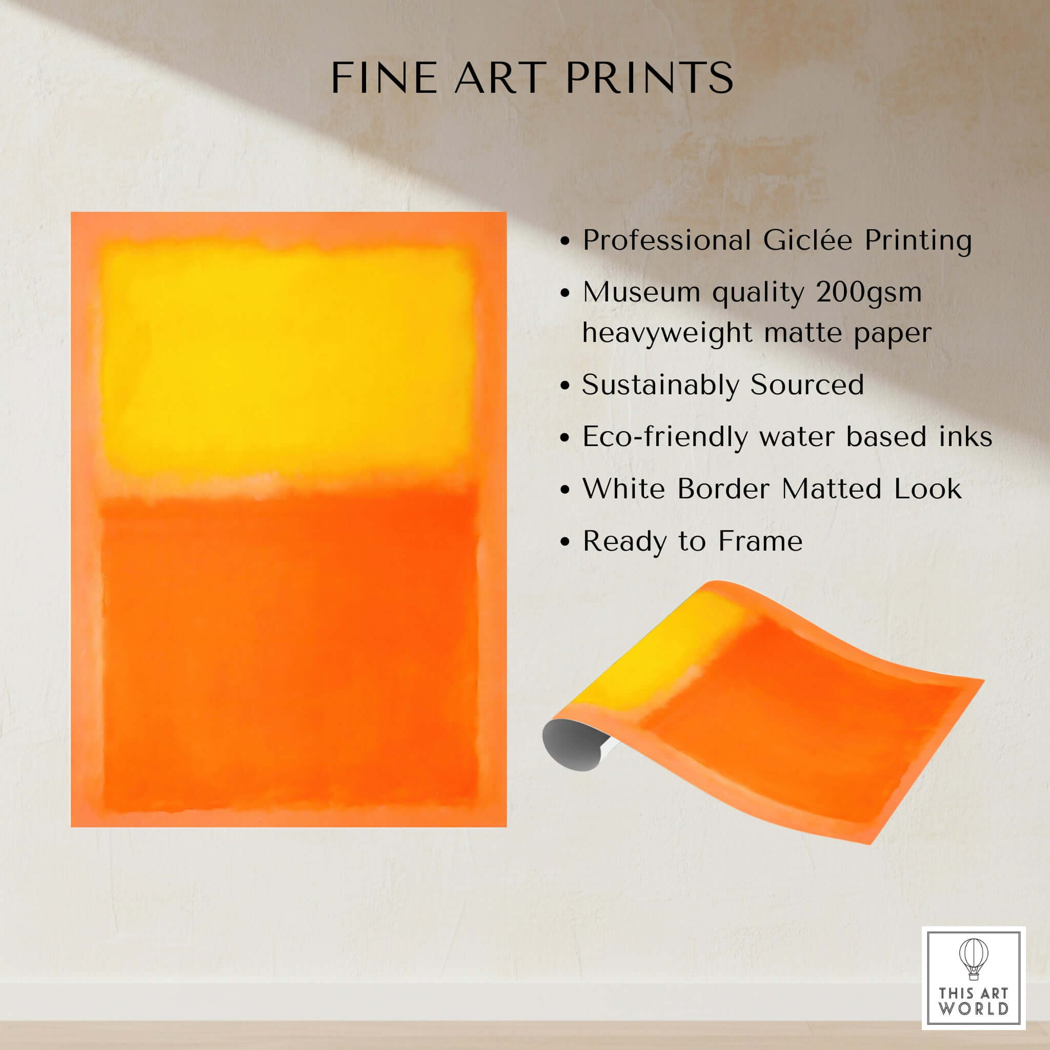 Mark Rothko Orange and Yellow 1956 Canvas Art Print featuring vibrant orange and yellow hues on heavyweight matte paper.