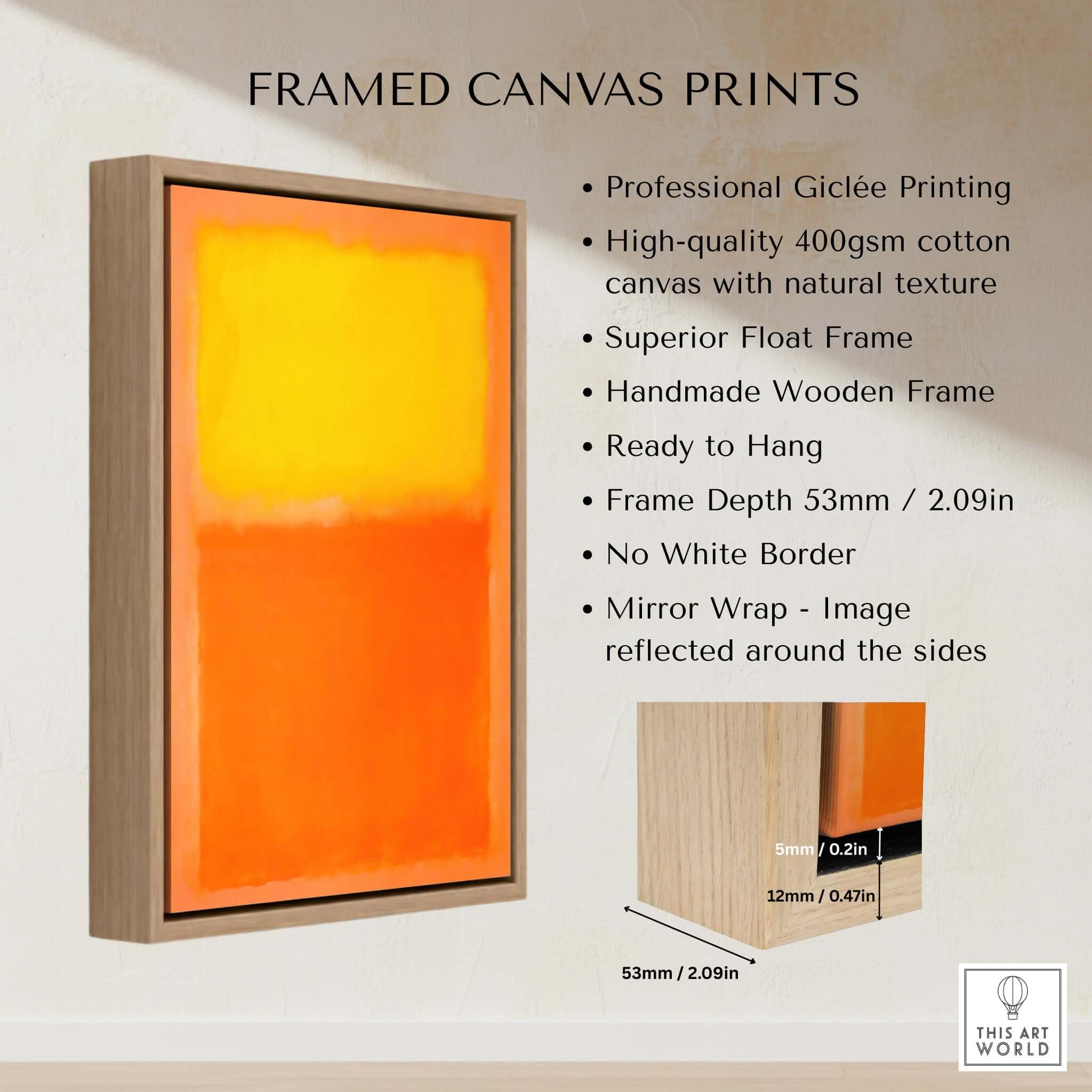 Mark Rothko Orange and Yellow 1956 Canvas Art Print framed print showcasing vibrant hues and texture details.