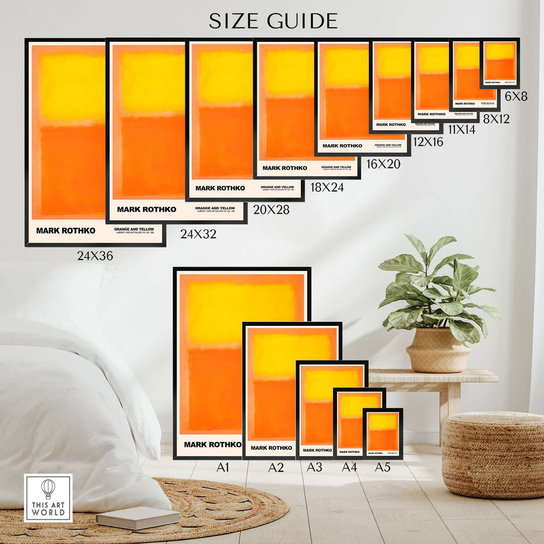 Size guide for Mark Rothko Orange and Yellow art print, showcasing various frame options and dimensions for wall art.