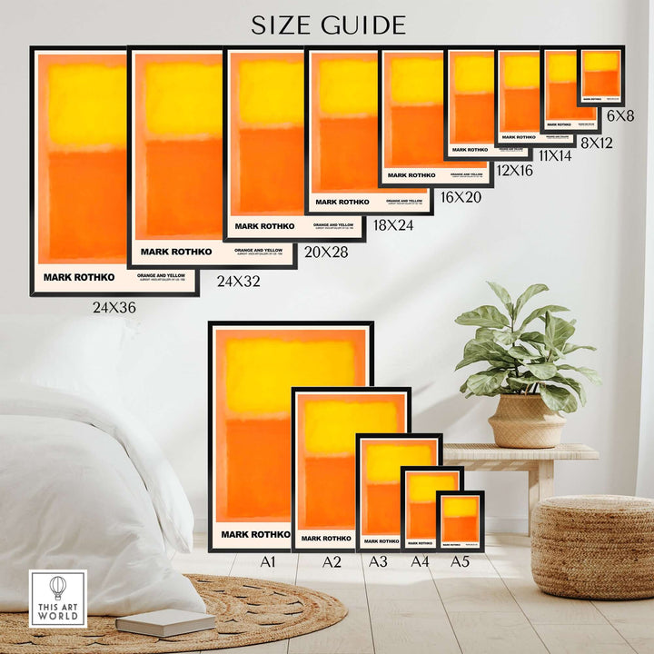 Size guide for Mark Rothko Orange and Yellow art print, showcasing various frame options and dimensions for wall art.