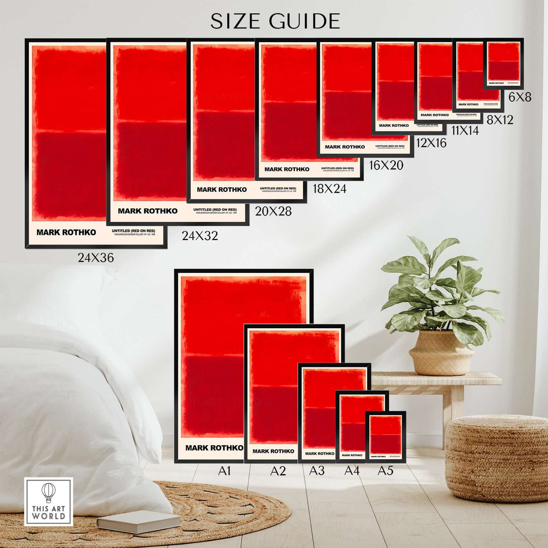 Size guide for Mark Rothko 'Untitled Red on Red' art prints in various dimensions on a modern wall.