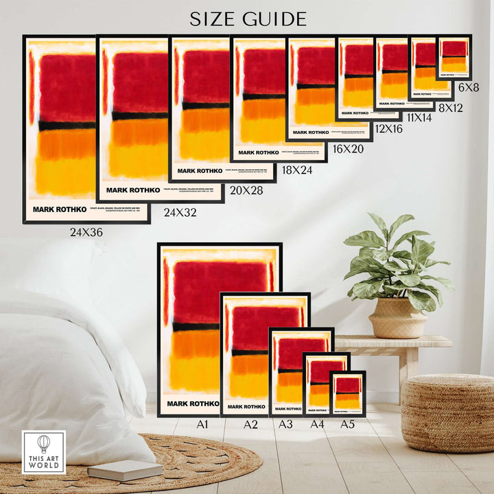 Size guide for Mark Rothko abstract art prints, displaying various dimensions and wall arrangements.