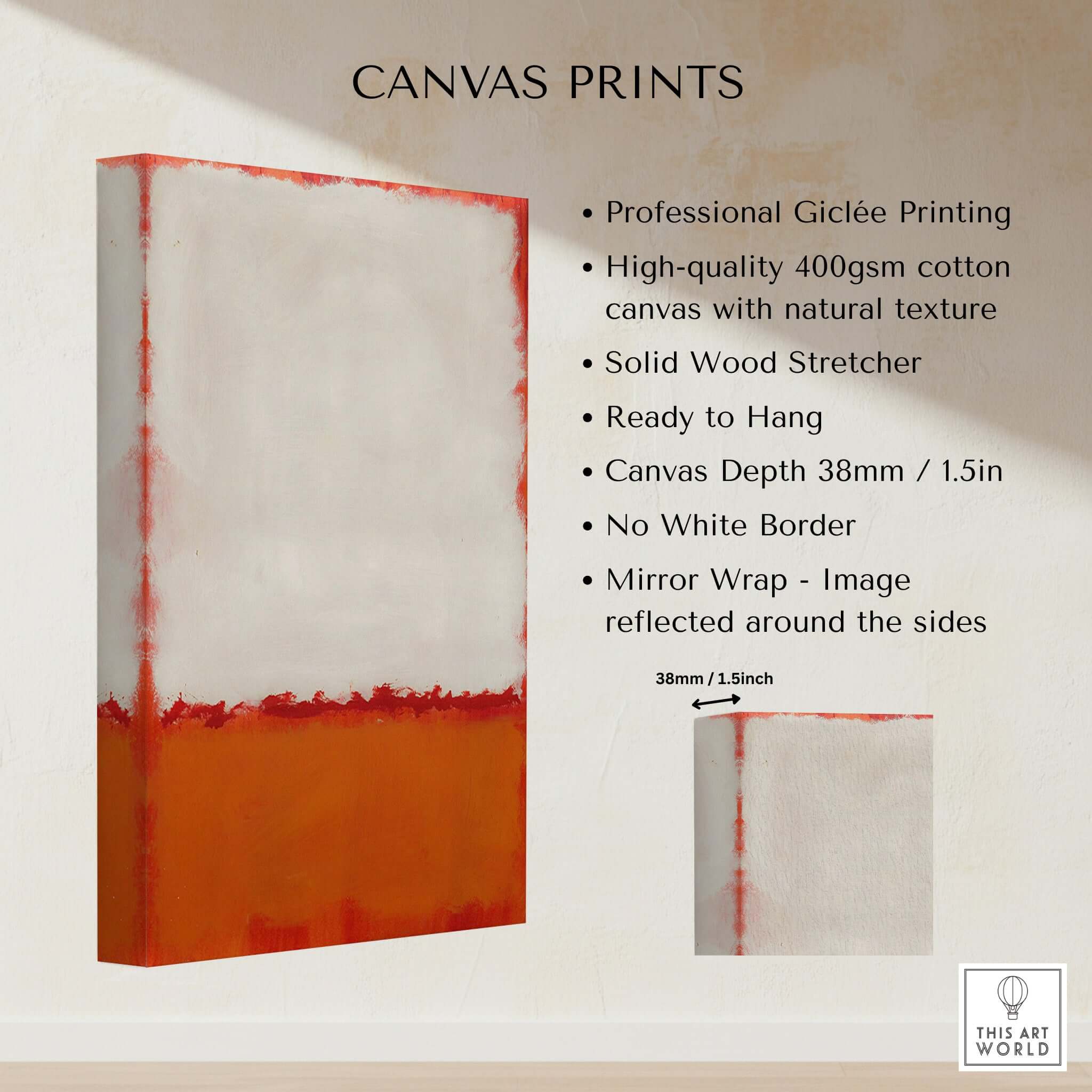 Mark Rothko Untitled 1969 Abstract Canvas Print - White Orange Color Field features high-quality Giclée printing on natural canvas.