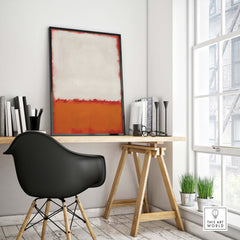 Mark Rothko Untitled 1969 Abstract Canvas Print - White Orange Color Field framed in a modern workspace.