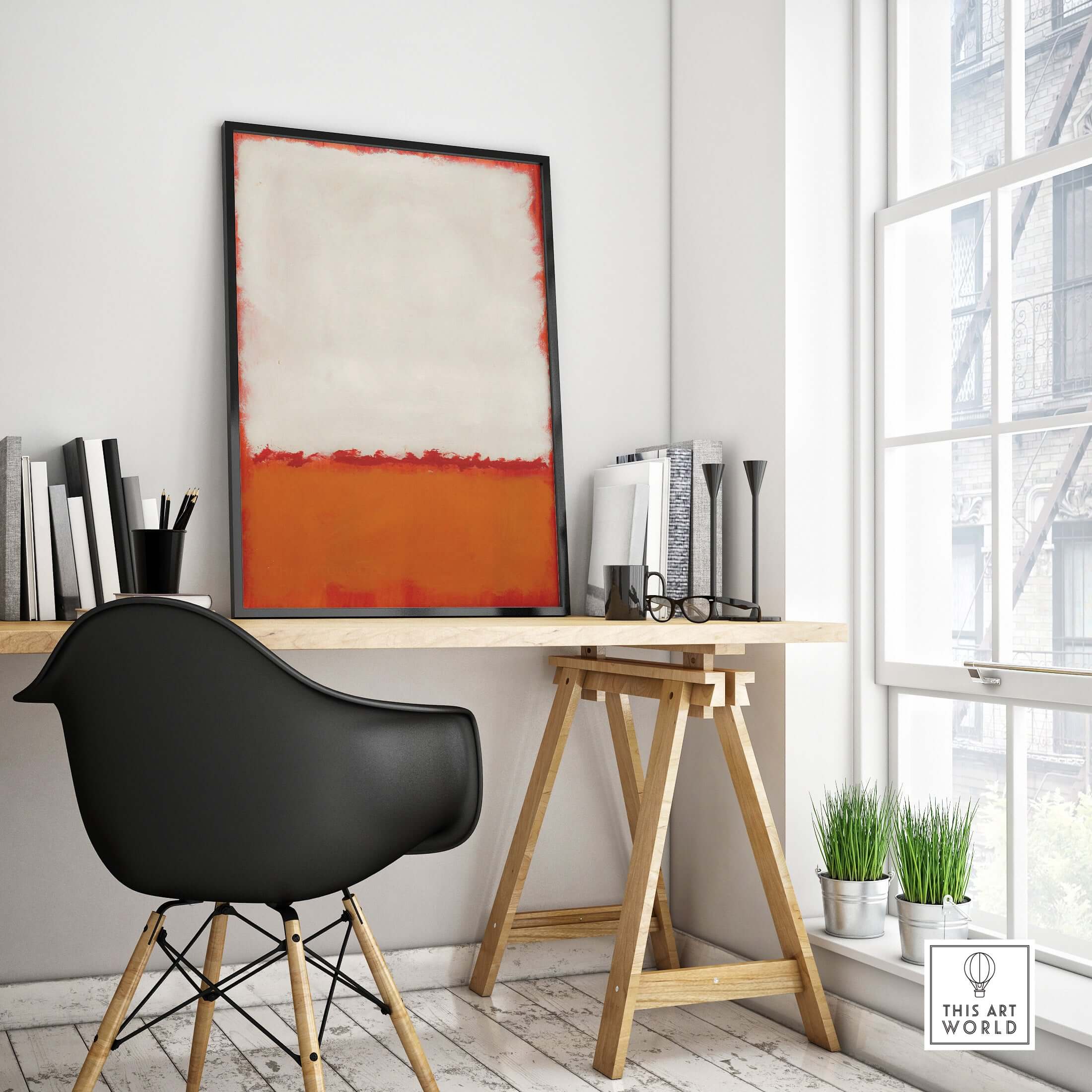 Mark Rothko Untitled 1969 Abstract Canvas Print - White Orange Color Field framed in a modern workspace.